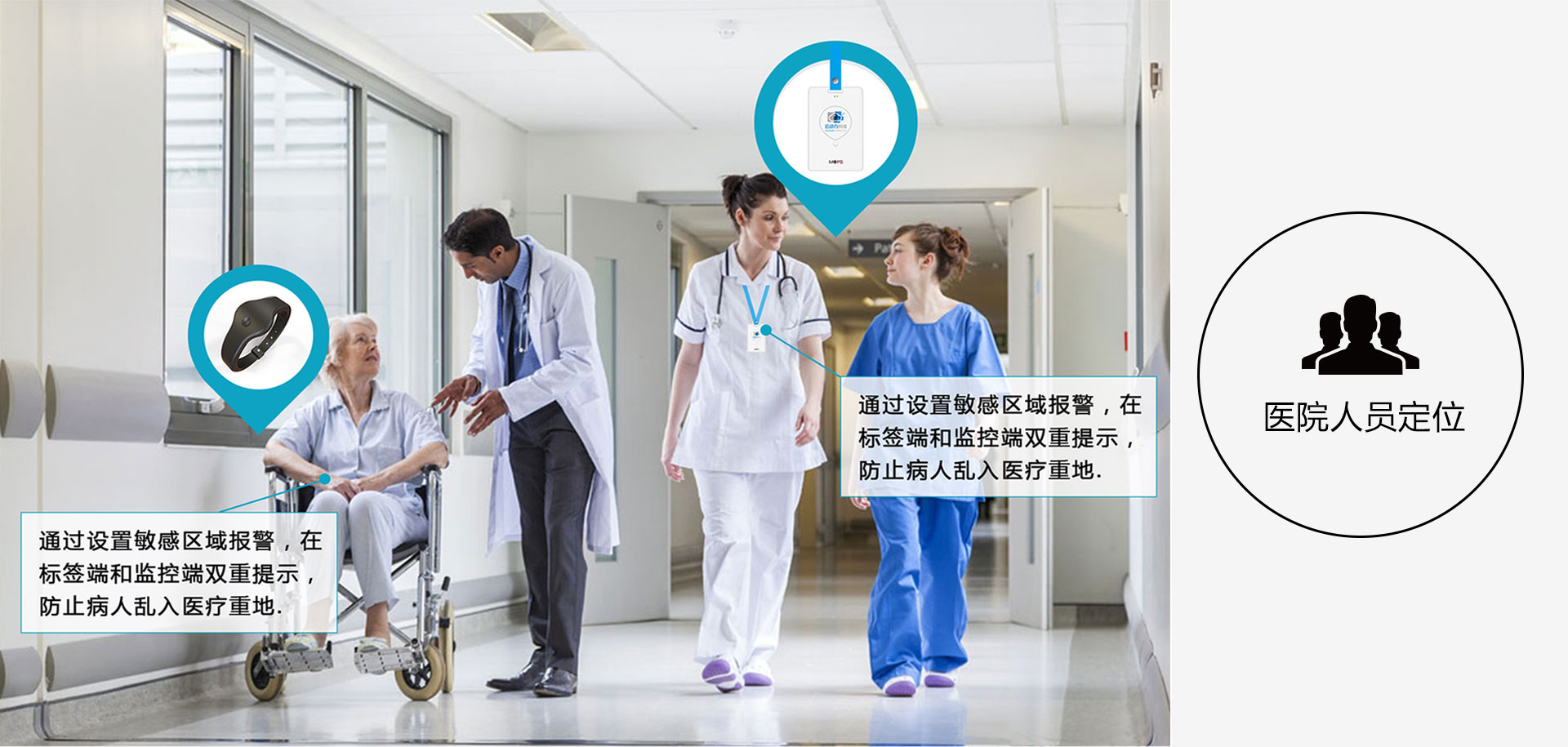 医院人员定位，通过设置敏感区域报警，在标签端和监控端双重提示，防止病人乱入医疗重地.在标签端和监控端双重提示，防止病人乱入医疗重地.