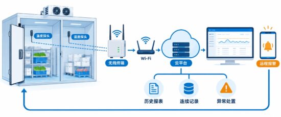 食品冷库内外部署温度探头、无线终端、云平台和远程报警的数据链路示意图
