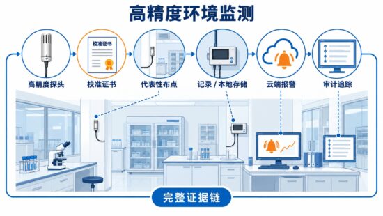 高精度温湿度监测系统由探头校准布点记录和报警组成的示意图