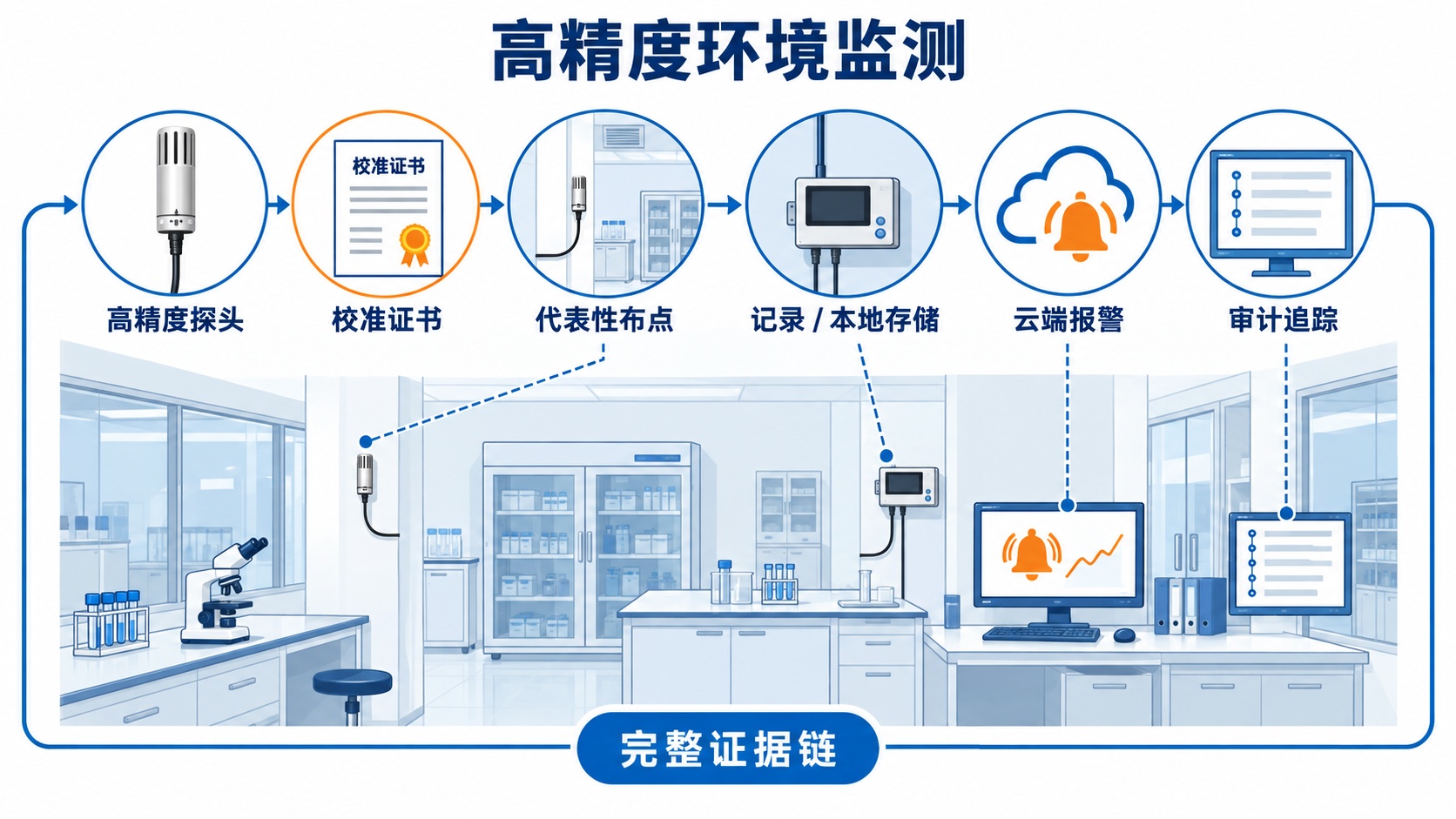 高精度温湿度监测系统由探头校准布点记录和报警组成的示意图