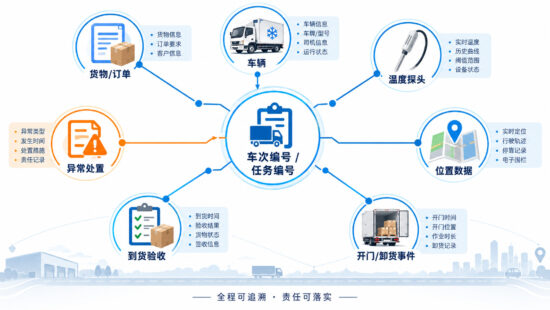 食品冷链配送车次编号数据链示意图，关联订单货物、车辆、温度探头、位置数据、开门事件、到货验收和异常处置