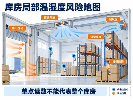 药品库房温湿度局部风险地图，展示库门开启、空调送风、货架高度、货物堆码和代表性测点布置