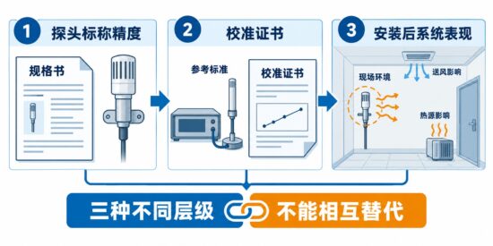 探头精度校准证书与系统整体表现区别示意图