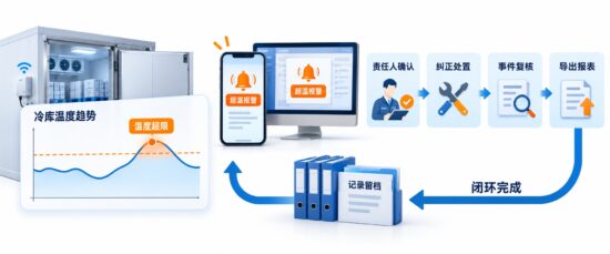 食品冷库超温报警、责任人处置、数据导出和记录留档闭环图
