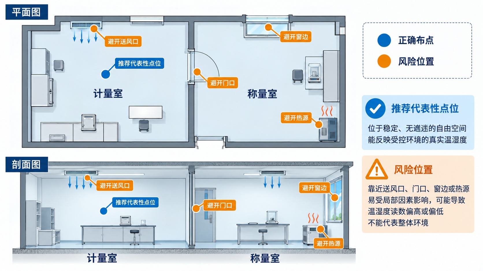 计量室称量室高精度温湿度探头正确布点示意图