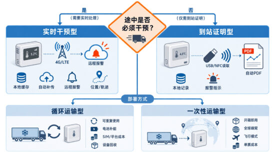 实时 4G 冷链温度记录仪与到站 PDF 型温度记录仪的选型分流图