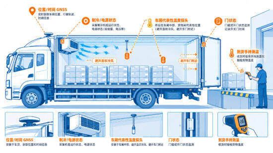 食品冷链配送传感器布点示意图，展示车厢温度探头、GNSS 定位、门状态、制冷或电源状态和到货温度测量