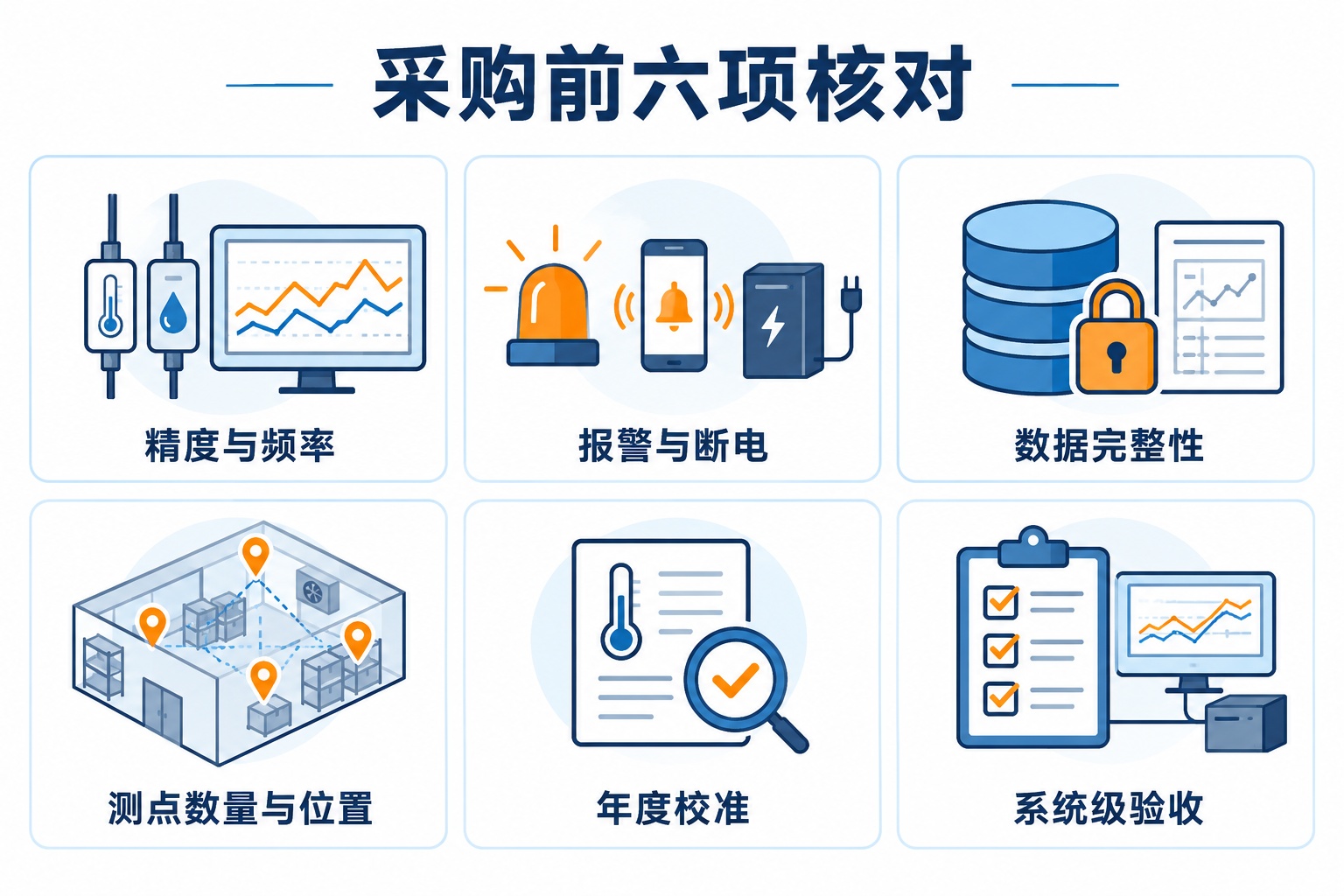 GSP 温湿度自动监测系统采购前核心要求总览，包括精度频率、报警、数据完整性、测点、校准和系统验证