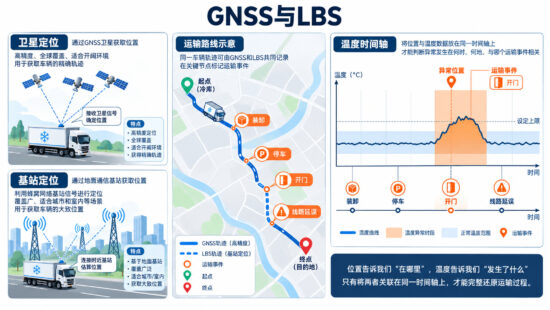 GNSS 卫星定位、LBS 基站定位与冷链温度异常时间轴关联示意图