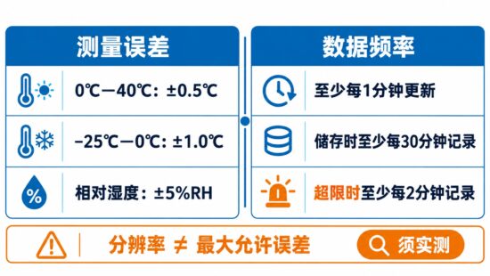 GSP 温湿度自动监测精度、每分钟更新、30 分钟记录和超限 2 分钟记录频率核对图
