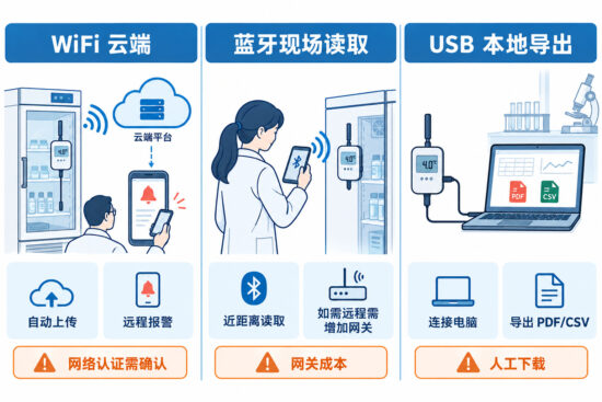 实验室温湿度记录仪 WiFi 云端、蓝牙现场读取和 USB 本地导出三种数据路径对比图
