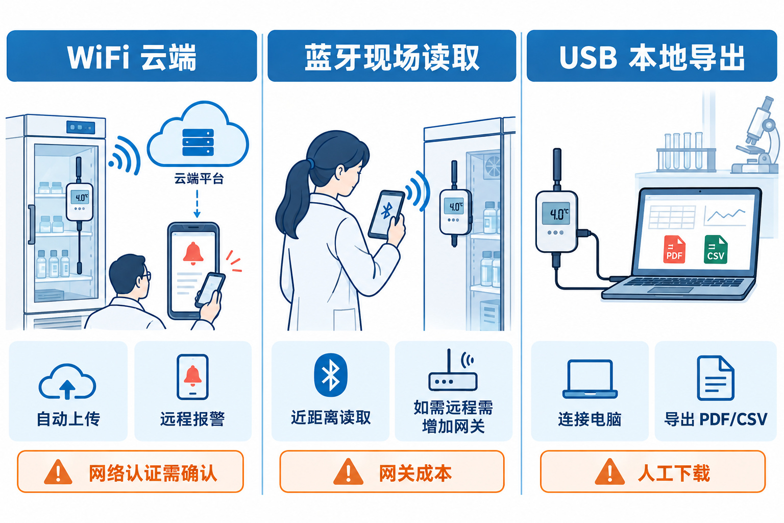 实验室温湿度记录仪 WiFi 云端、蓝牙现场读取和 USB 本地导出三种数据路径对比图