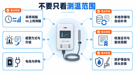 冷链运输温度记录仪规格优先级检查图,包含采样间隔、上传间隔、本地存储、报警、校准、电池和防护安装