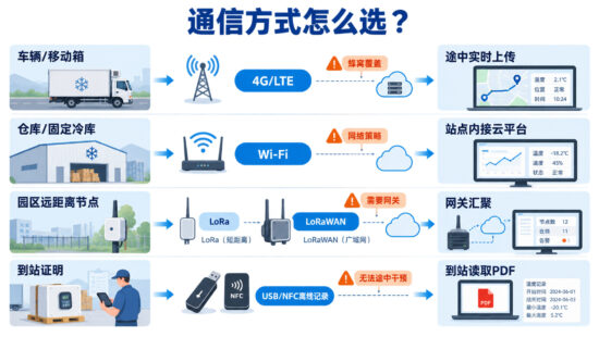 冷链温度记录仪 4G、WiFi、LoRa 和 USB NFC 离线记录通信方式对比图
