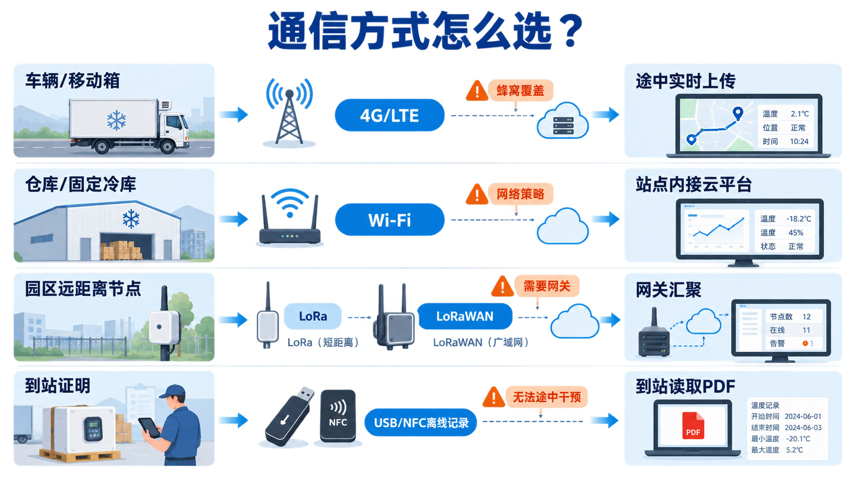 冷链温度记录仪 4G、WiFi、LoRa 和 USB NFC 离线记录通信方式对比图