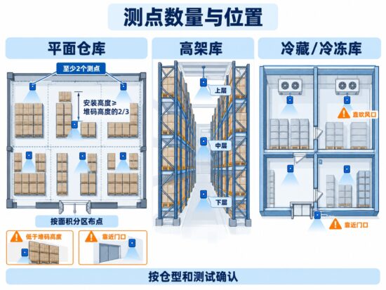GSP 药品库房温湿度测点数量与位置示意图,展示平面仓库、高架库和冷藏冷冻库布点原则