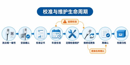 GSP 温湿度测点终端年度校准和维护生命周期图，包含唯一编号、校准证书、维修更换和再确认