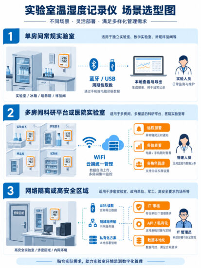 实验室温湿度记录仪按单房间、多房间和网络隔离区域选择 WiFi 蓝牙 USB 或私有化方案的场景图