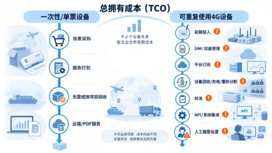 一次性与可重复使用冷链温度记录仪总拥有成本对比图,包含硬件、流量、平台、回收、校准、API 和人工处置