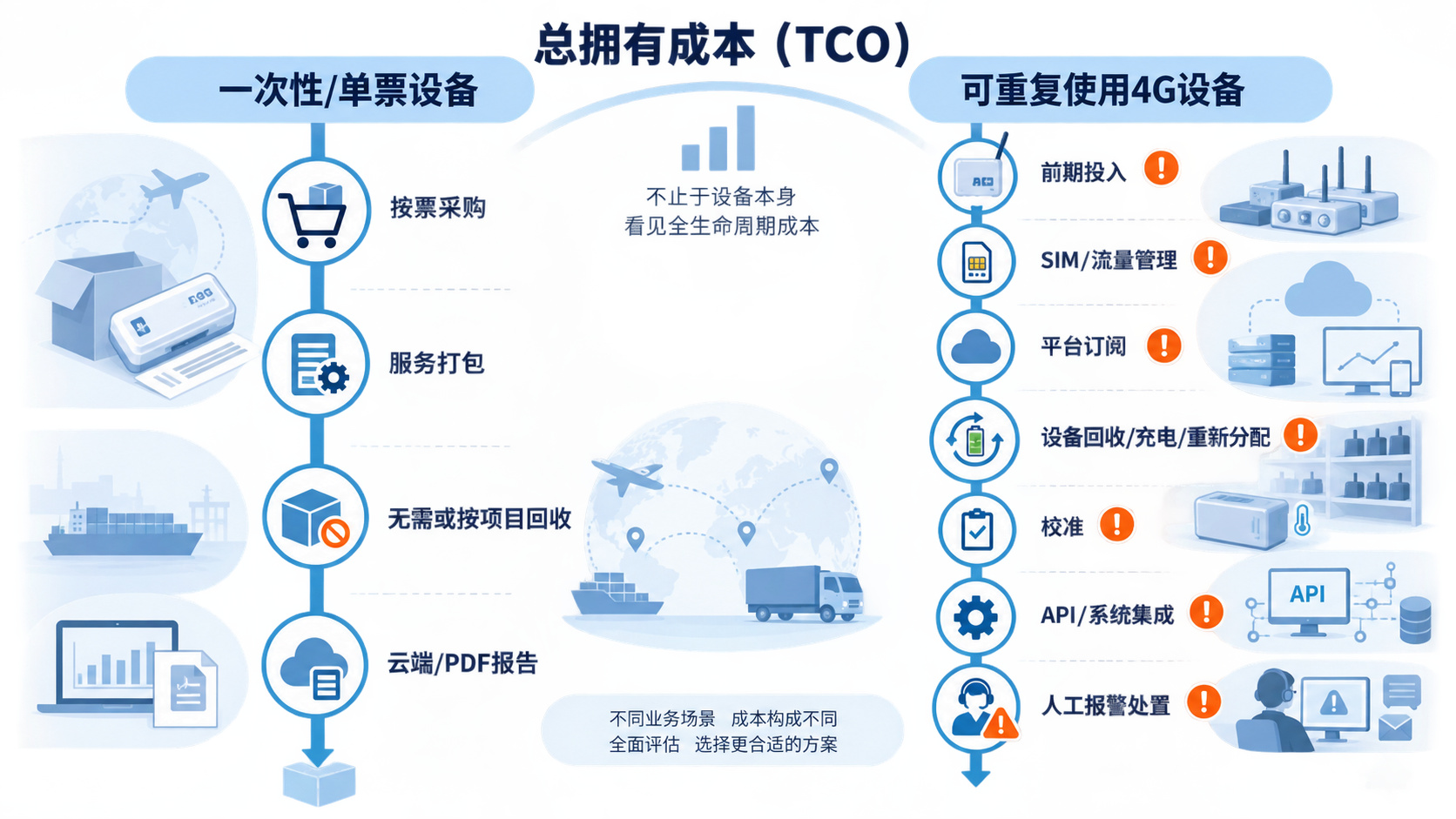 一次性与可重复使用冷链温度记录仪总拥有成本对比图,包含硬件、流量、平台、回收、校准、API 和人工处置