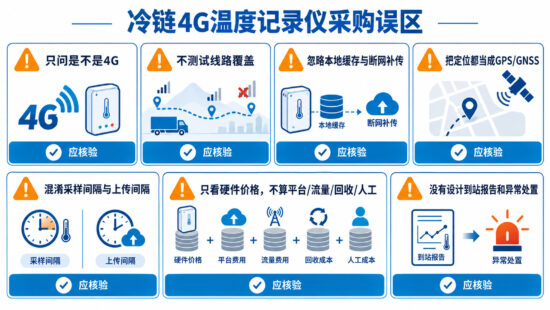 冷链 4G 温度记录仪采购误区示意图，展示只看 4G、忽略断网补传、混淆 GPS 与 LBS、漏算平台流量和到站报告