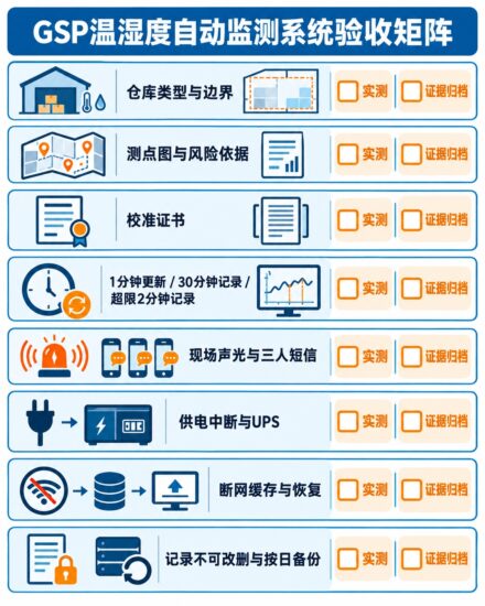 GSP 温湿度自动监测系统验收矩阵，展示测点图、校准、记录频率、三人短信报警、断网断电、数据完整性和质量档案