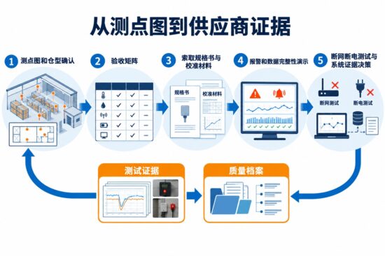 GSP 药品库房温湿度监控系统选型证据闭环，展示测点图、验收矩阵、规格书、校准材料和测试方案