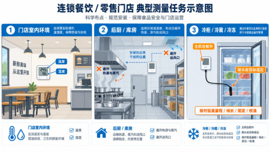 连锁门店温湿度监测点位剖面图，展示室内环境、后厨、冷柜和冷冻点位的传感器与外接探头部署方式。