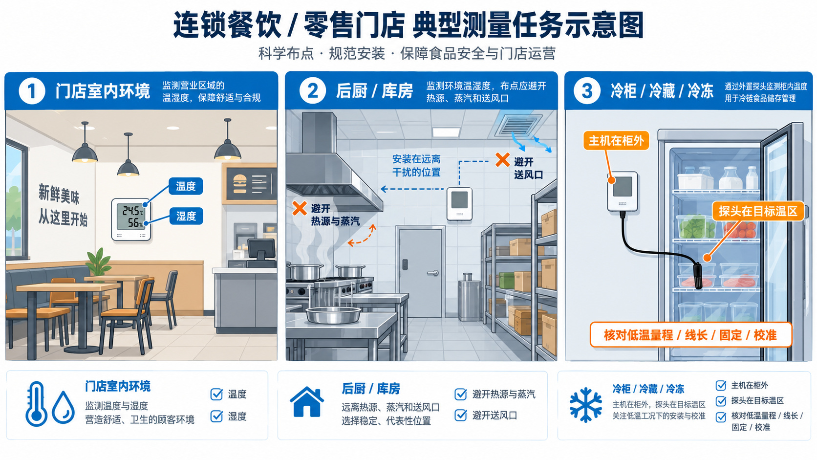 连锁门店温湿度监测点位剖面图,展示室内环境、后厨、冷柜和冷冻点位的传感器与外接探头部署方式。