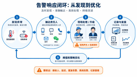 连锁门店温湿度异常报警闭环流程图,展示异常发现、远程通知、责任人处理、记录留痕和总部复盘。