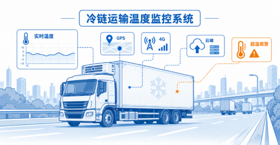 冷链运输温度监控系统封面插图，展示冷藏车、实时温度曲线、GPS 定位、4G 连接与云端报警