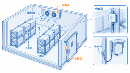 冷库温度传感器布点示意图，区分代表性监测点与门区、冷风机附近的诊断点。