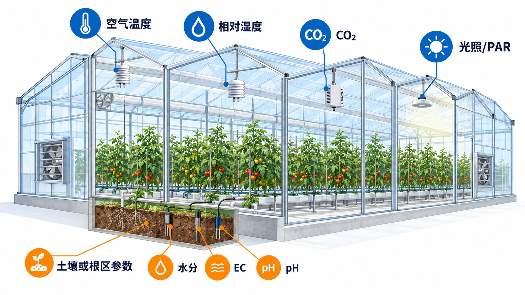 温室大棚环境监测参数总览示意图，展示空气温度、相对湿度、二氧化碳、光照以及根区参数。