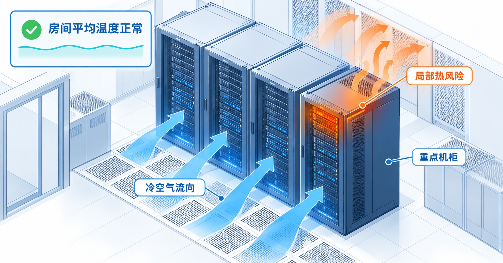 数据中心冷通道内，房间平均温度正常，但一台高密度机柜上部进风区域出现局部热风险的工程示意图