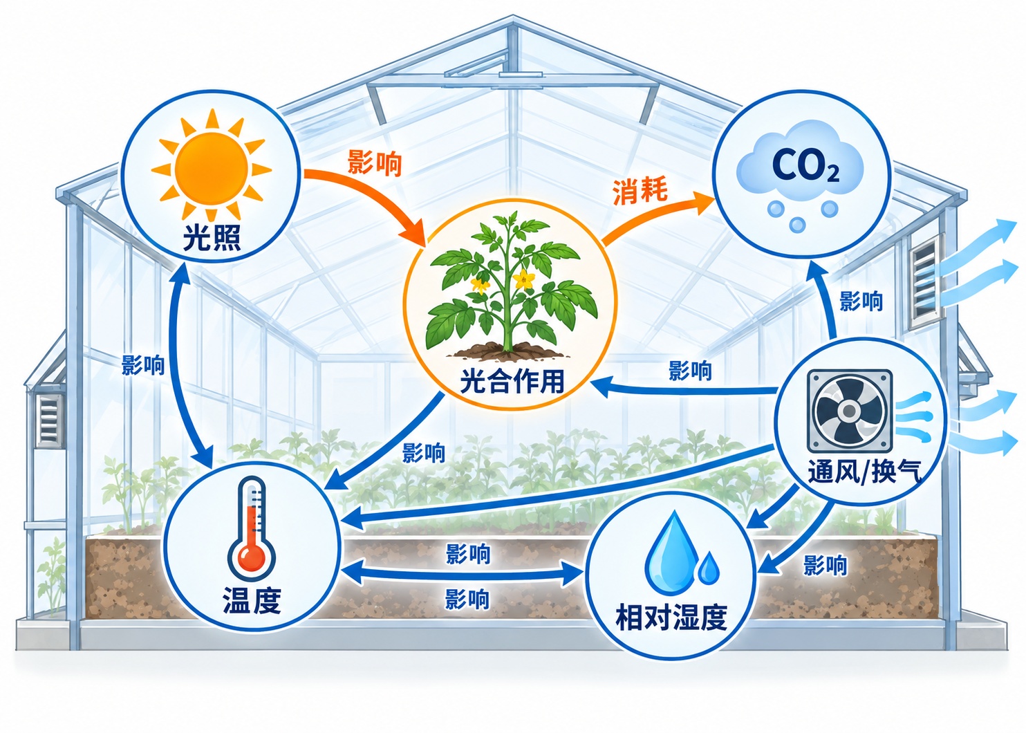 温室环境中温度、湿度、二氧化碳、光照和通风之间关系的中文示意图。