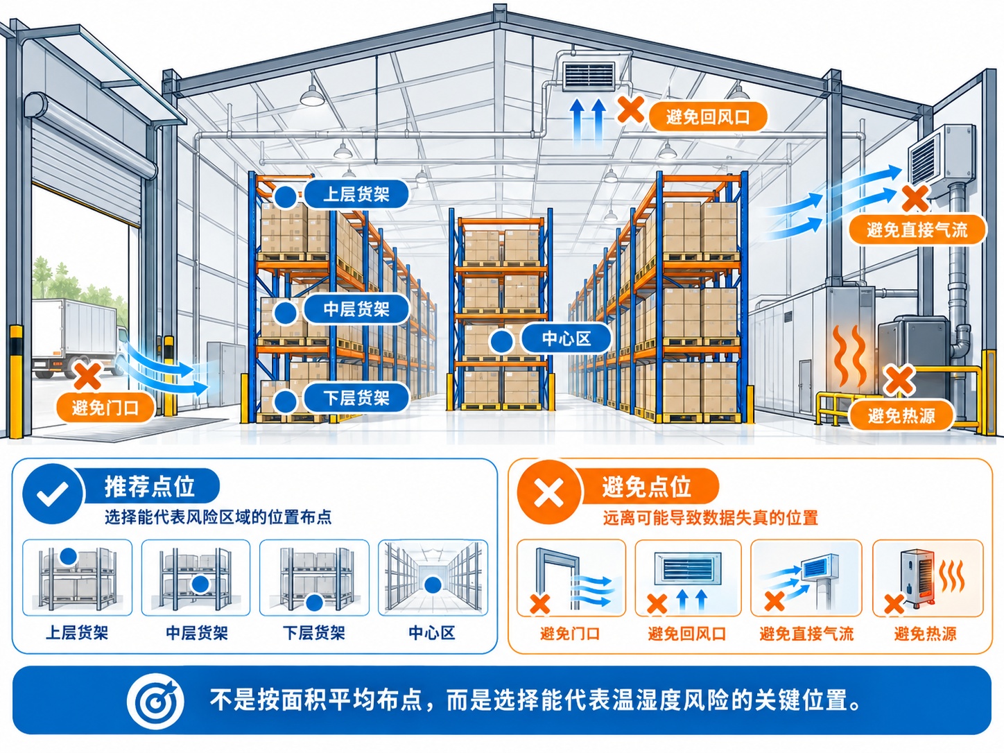 仓储温湿度传感器点位规划示意图，展示上中下货架、门口、中心区、回风口和避开位置