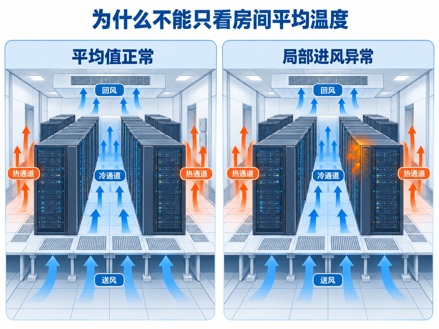 对比展示房间平均温度正常与机柜进风局部升温差异的数据中心示意图
