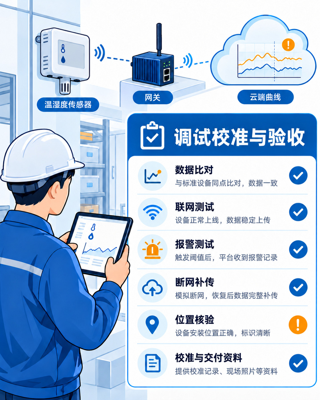 温湿度监测系统调试校准和验收清单示意图，包含数据比对、联网测试、报警测试、断网补传和交付资料。