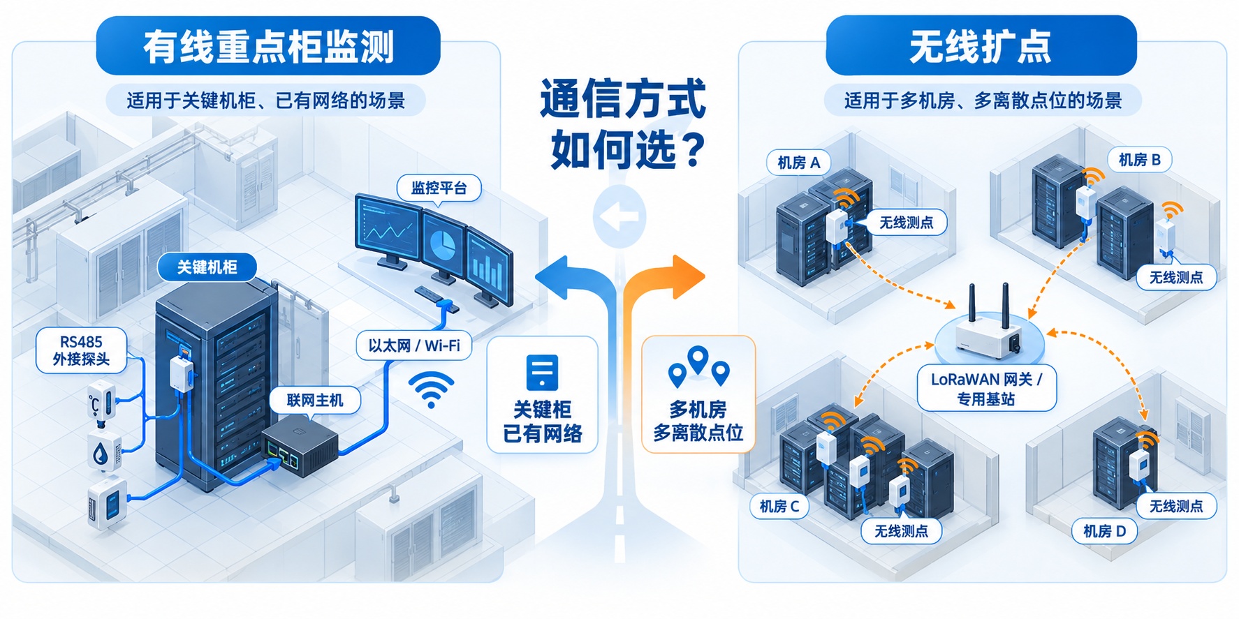 对比以太网、Wi-Fi、RS485、LoRaWAN 和专用无线基站在机柜温度监测中的适用边界示意图