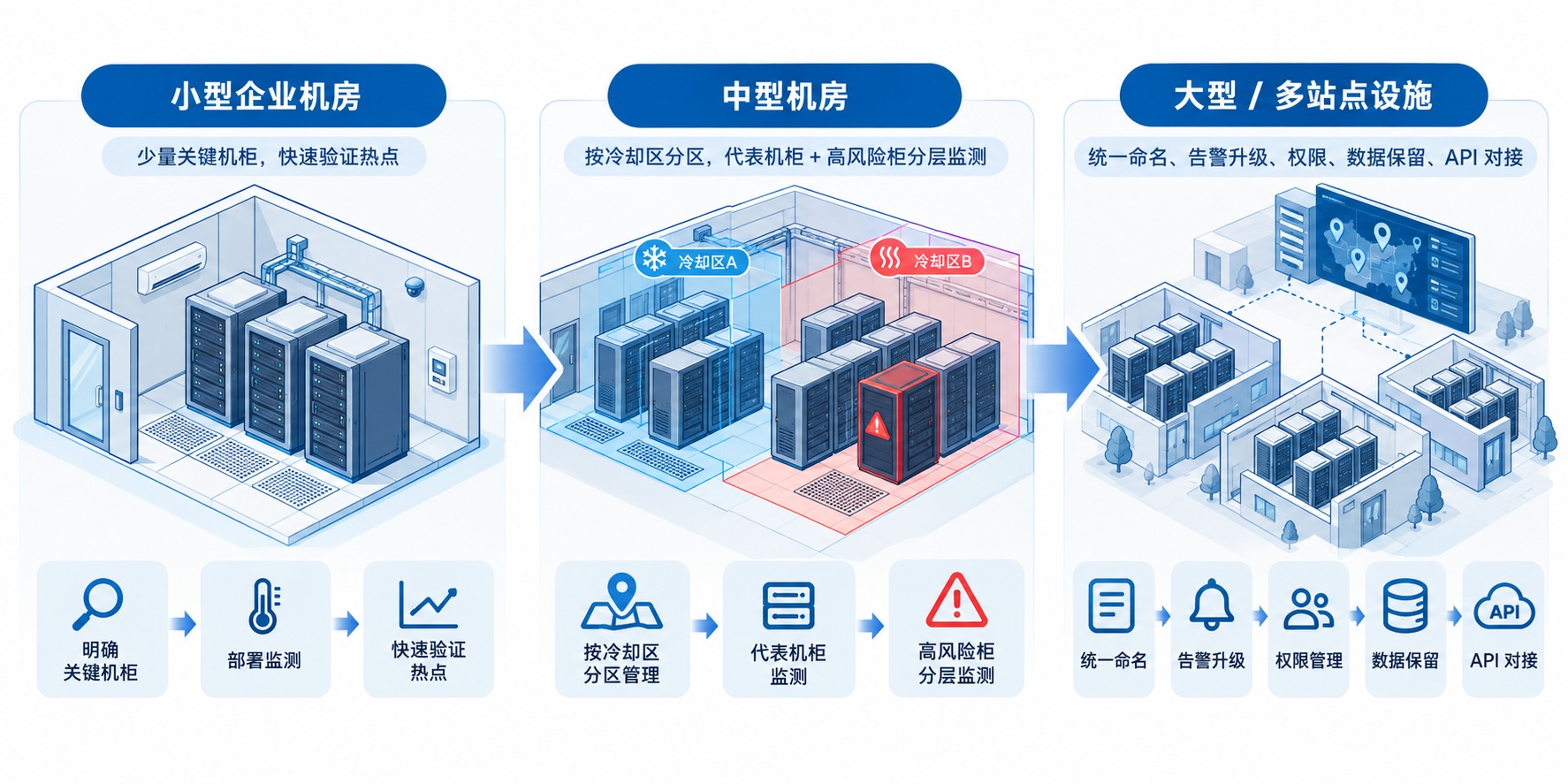 展示小型机房、中型机房和大型多站点设施三种场景下温度监测推荐路径的工程信息图